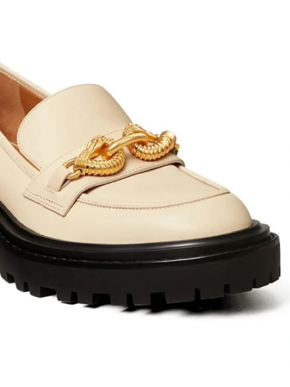 TORY BURCH JESSA CREAM LEATHER LUG SOLE LOAFER EQUESTRIAN CHAIN ACCENT *NWT*